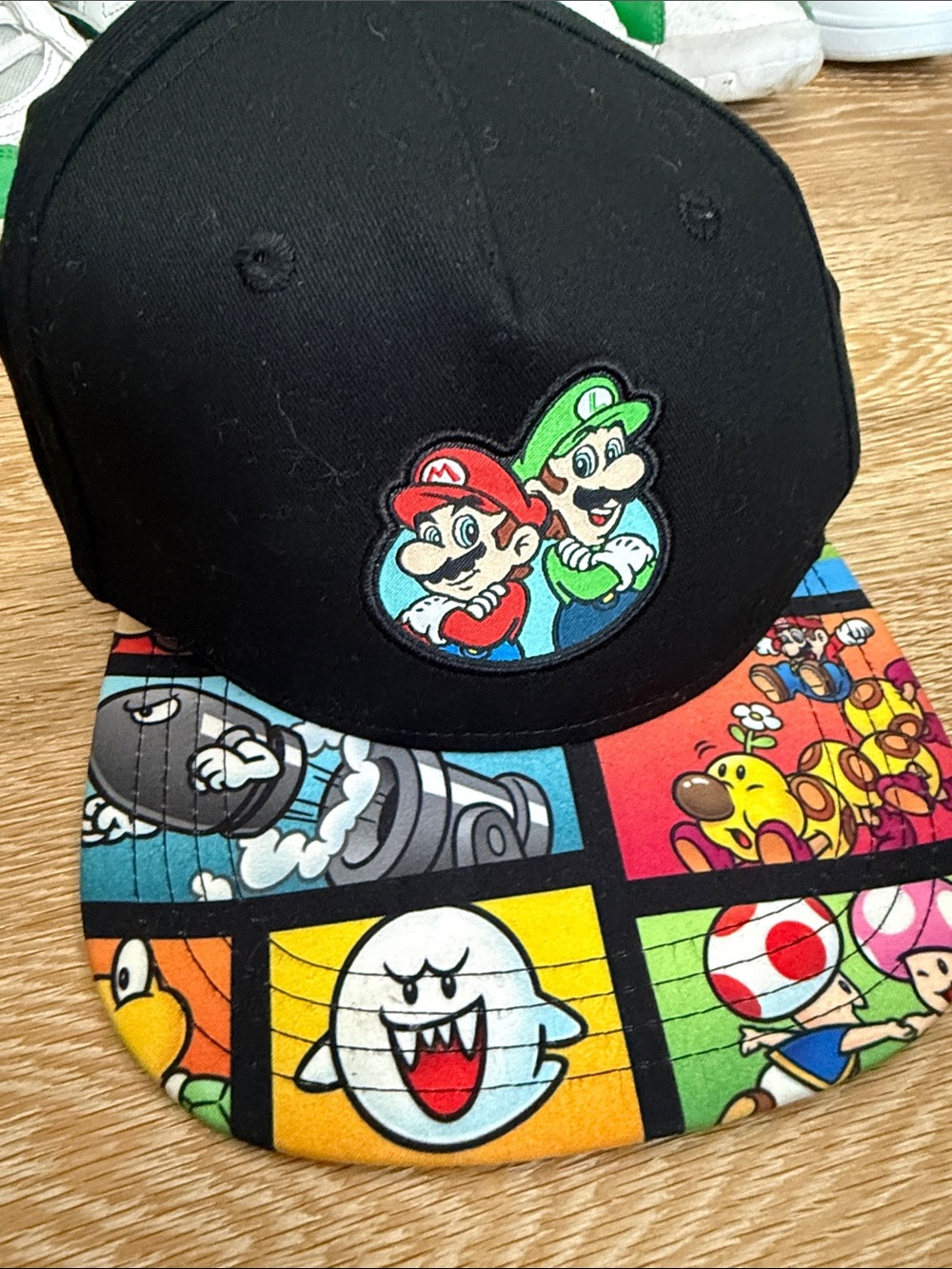 Super Mario Brothers Black Snapback Hat with Colorful Brim